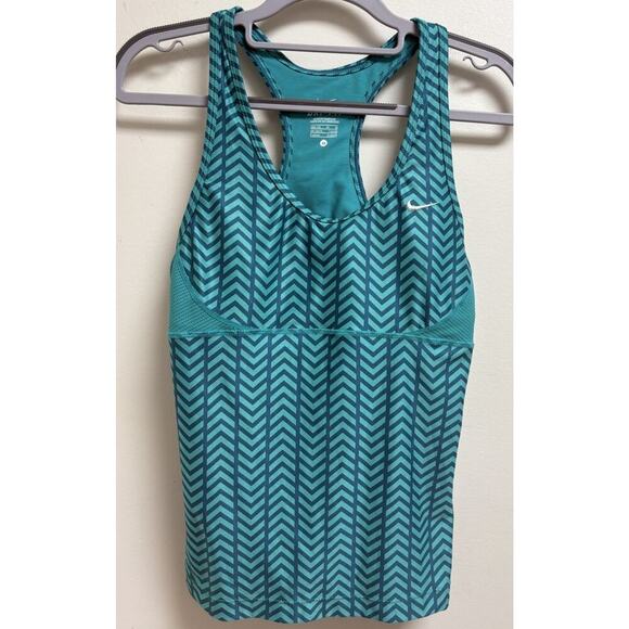 Nike Dri-FIT Racerback Tank Top Built-In Bra Chevron Print Teal Size M - Picture 1 of 4